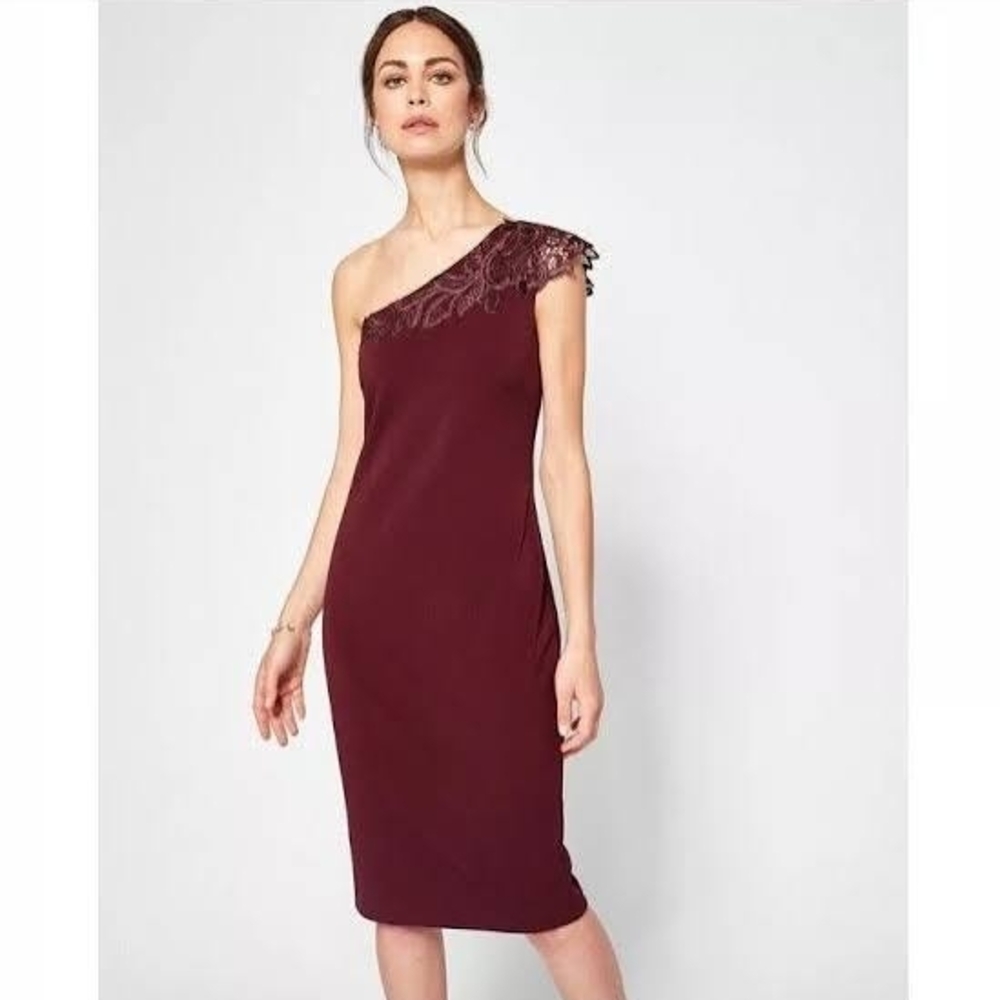 Ted Baker Jalis Lace ONE Shoulder Burdundy Dress NWT Ted size 1 US size 4